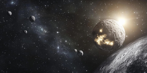 Aufkleber - Celestial bodies illuminated by distant star in vast space