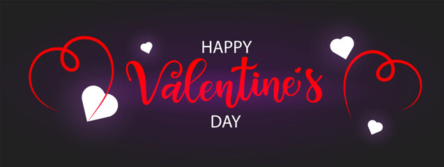 Happy Valentine's Day. Horizontal banner. Inscription on a dark background, neon lighting. Banner for a night club, website, poster, postcard. Vector graphics.