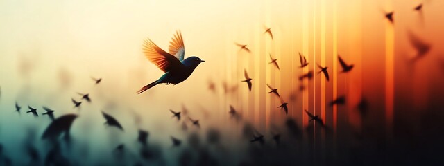 Poster - A 3D rendered spectrogram showcasing the vibrant frequency content and rhythmic movement of a flock of birds in flight creating a captivating and abstract visual symphony of nature