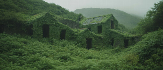 Overgrown village ruins reveal nature's relentless reclamation in a haunting landscape