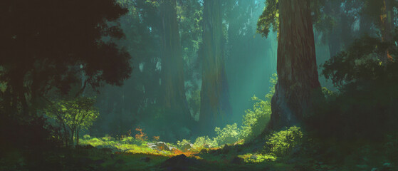Poster - Majestic sunlight filtering through ancient redwood trees in a serene forest landscape
