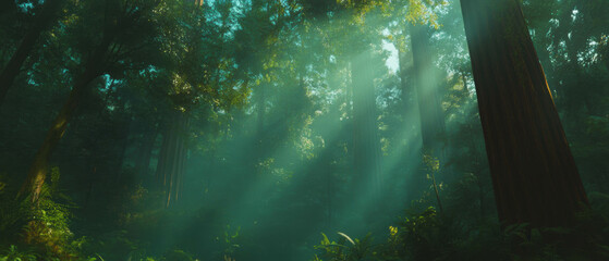 Poster - Sunlight filters through towering redwood trees in an ancient forest