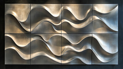 Contemporary Wall Art with Dynamic Silver Waves on Textured Panels