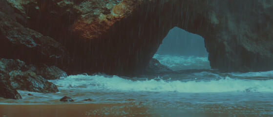 Poster - Hidden beach caves reveal mysterious ocean waves crashing on secluded sands