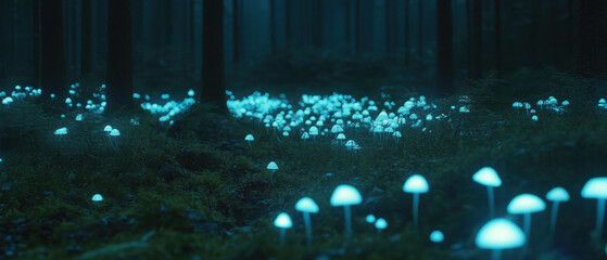 Poster - Bioluminescent mushrooms illuminate a dark forest landscape at night