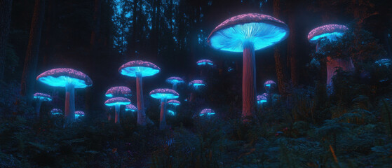 Aufkleber - Magical bioluminescent mushrooms illuminate a dark forest at night