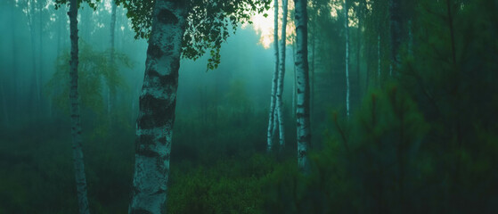 Poster - Ethereal birch forest shrouded in mist revealing a tranquil and serene atmosphere