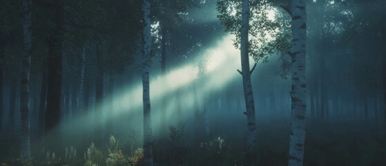 Fototapete - Mystical birch forest with sunlight piercing through fog in serene woodland setting