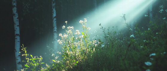 Poster - Sunlight breaks through fog in a luminous birch forest with wildflowers