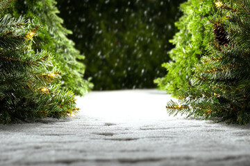 Wall Mural - snowy path leads into distance, framed by evergreen trees, creating serene winter scene. gentle snowfall adds magical touch to this tranquil landscape