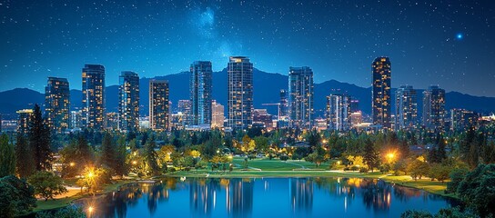 Wall Mural - Night cityscape skyline reflected in a tranquil lake under a starry sky, surrounded by lush green parkland and mountains in the background.