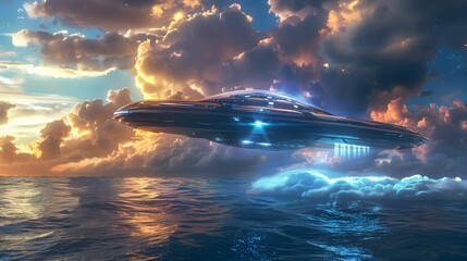 Wall Mural - ufo hovering above ocean waves during sunset with colorful clouds in the sky