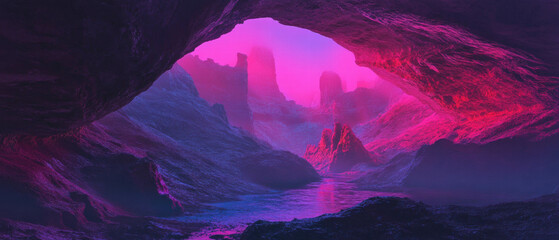 Poster - Mysterious cave interior with vibrant rock formations and deep shadows
