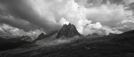 Poster - Cloudy mountainscape with dramatic light and shadows creating a moody atmosphere