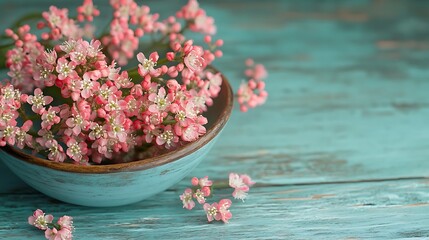 Canvas Print - Pink flowers in a rustic teal bowl on a wooden surface.