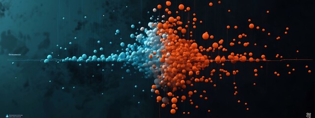 Poster - Vibrant digital showcasing the frequency distribution of genetic mutations across a population  The abstract image features a dynamic  fluid explosion of colorful dots and particles