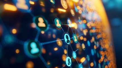 A close up of a network of people with a blue and orange background. The people are connected to each other in a web