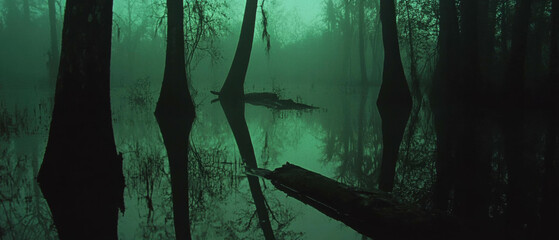 Poster - Eerie cypress swamp reflecting still water surrounded by mysterious green foliage