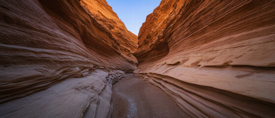 Poster - Exploring the rugged contours of a desert canyon with a dry riverbed