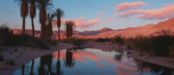 Poster - Desert oasis at sunset with date palms reflecting golden orange hues