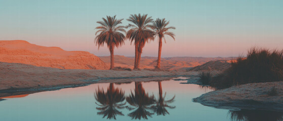 Aufkleber - Desert oasis with date palms reflecting a tranquil sunset in golden hues