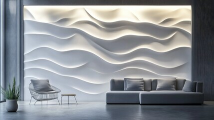Poster - Elegant 3D illustration of white wave patterns with subtle gradients of light and shadow for a sophisticated wall design