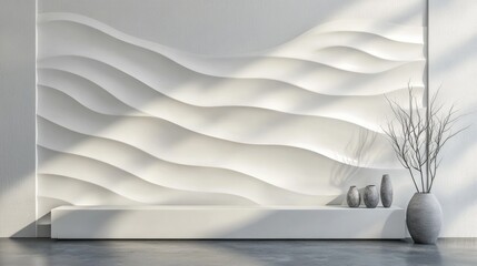 Poster - Elegant 3D illustration of white wave patterns with subtle gradients of light and shadow for a sophisticated wall design