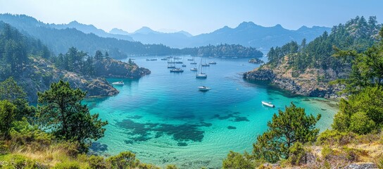 Wall Mural - Panoramic view of a secluded bay with crystal-clear turquoise water, surrounded by lush green hills and mountains, dotted with sailboats.