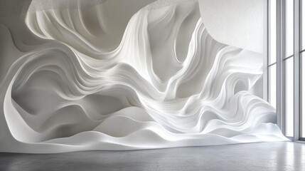 Poster - Elegant 3D illustration of white wave patterns with subtle gradients of light and shadow for a sophisticated wall design