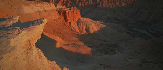 Poster - Eroded hoodoos casting long shadows in a dramatic desert sunset landscape