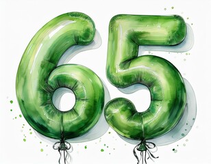 Green birthday / anniversary balloon, number 65, watercolor painting with white background