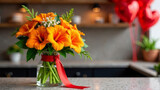 Orange gladioli, freesia and greenery, red wide ribbon, modern flower shop, copy space, balloons in the form of hearts on the background in blur, valentines day