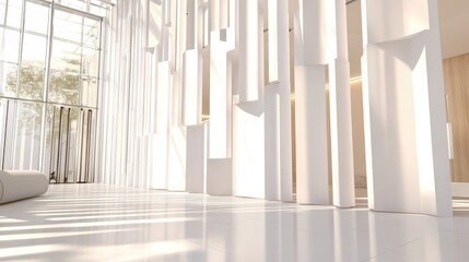 Poster - Modern white 3D backdrop with layered rectangular panels at varying heights, creating depth and dimension with clean lines