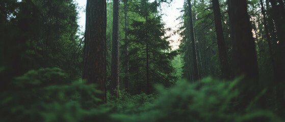 Aufkleber - Mystical forest path with blurred trees in ethereal green and brown hues