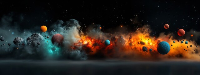Poster - Dramatic digital artwork depicting a cosmic explosion amid a surreal and colorful astronomical landscape with planets asteroids and celestial phenomena