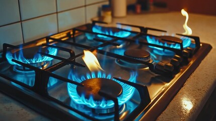 Blue Flames Dancing on a Gas Stove in a Kitchen Setting