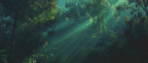 Fototapete - Sunbeams illuminate a magical forest filled with vibrant greenery and tranquility
