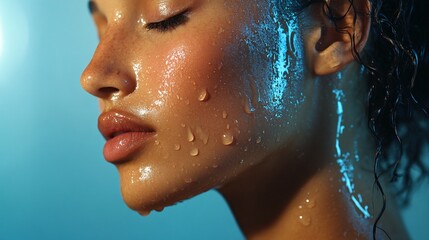 Woman with wet hair and makeup on her face. Concept of freshness and cleanliness