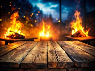 Poster - Rustic Wooden Table with Dramatic Fire and Smoke Background - Stock Photo