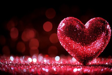Poster - A composition featuring red hearts with a sparkling glitter bokeh background and an abstract, defocused texture