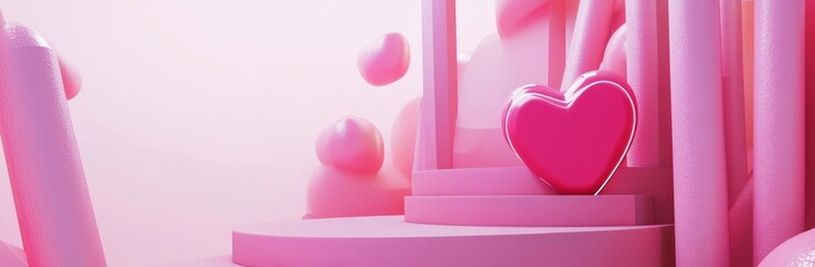 Poster - A set of 3D Valentine's Day background featuring a pink and coral red realistic cylinder stand podium, heart-shaped backdrop, modern geometric form, mockup product display, pastel minimal wall scene