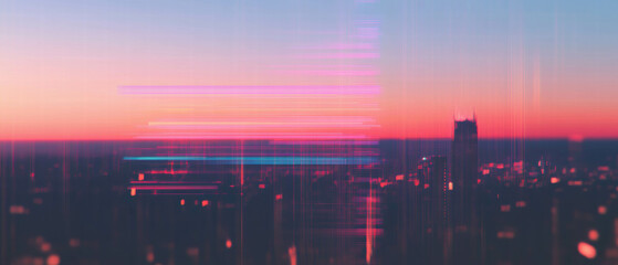 Aufkleber - Glitch effect creating pixelation and distortion of a sunset cityscape