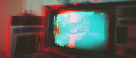Poster - Glitch art with digital VHS distortion effect on retro television screen