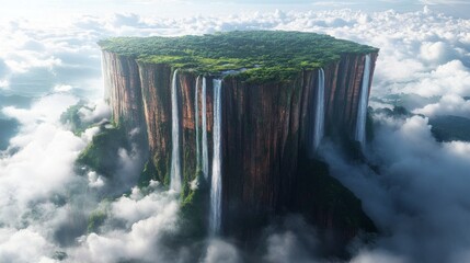 Aufkleber - Hovering high above the clouds, an extraordinary mountain displays vibrant vegetation interspersed with mesmerizing waterfalls pouring into the mist. A tranquil paradise unfolds in the heavens