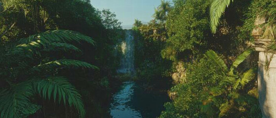 Fototapete - Hidden tropical waterfall nestled in a lush jungle setting