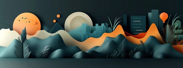 Poster - Surreal and minimalist digital depicting a stylized landscape with geometric mountains clouds sun and moon against a futuristic cityscape skyline