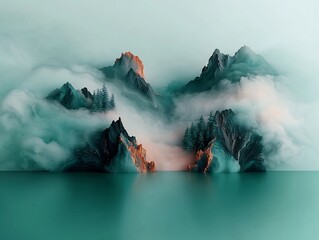 Poster - A captivating and otherworldly mountain landscape shrouded in swirling mists and ethereal charm evoking a sense of mystical wonder and serene beauty