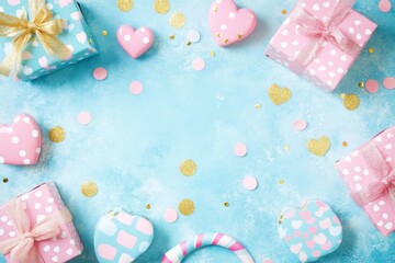 Poster - Layout for Valentine's Day holiday, featuring a gift, confetti, and hearts on a pink background, with space for text