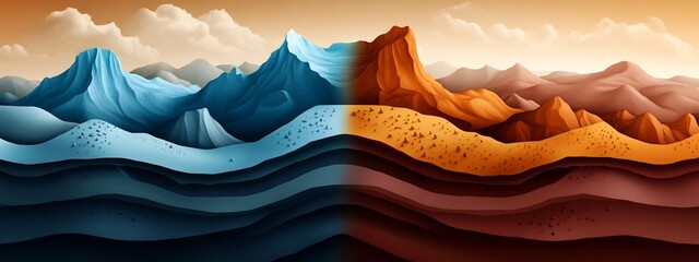 Poster - Digitally Rendered Vibrant Geological Landscape with Dramatic Mountains Layered Terrain and Atmospheric Clouds in the Sky