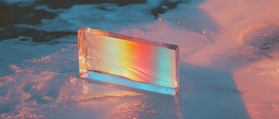 Poster - Colorful light refracting through frozen prism on icy surface creates a mesmerizing display
